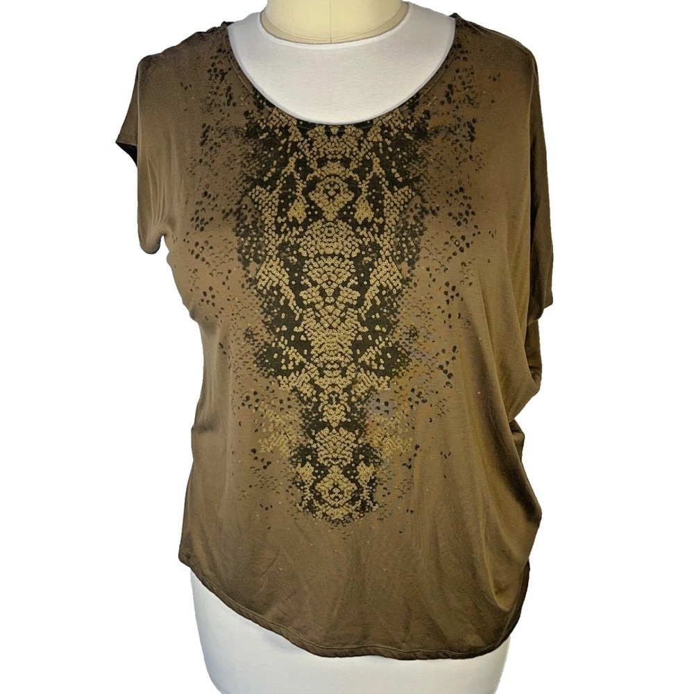 MISS TINA by Tina Knowles Blouse Womens L Oversized Taupe Gold Snake Print Asymm